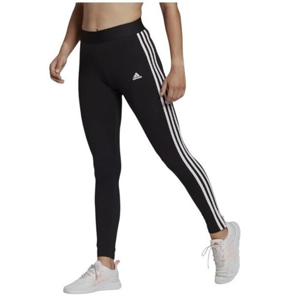 Adidas Climalite 3-Strip High Waisted Leggings Women L Black White Stretch Yoga